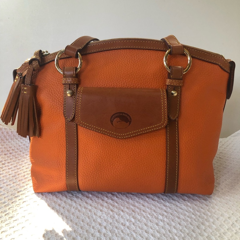 Authentic Dooney & Bourke Front Pocket Satchel Orange Leather and Brown Trim